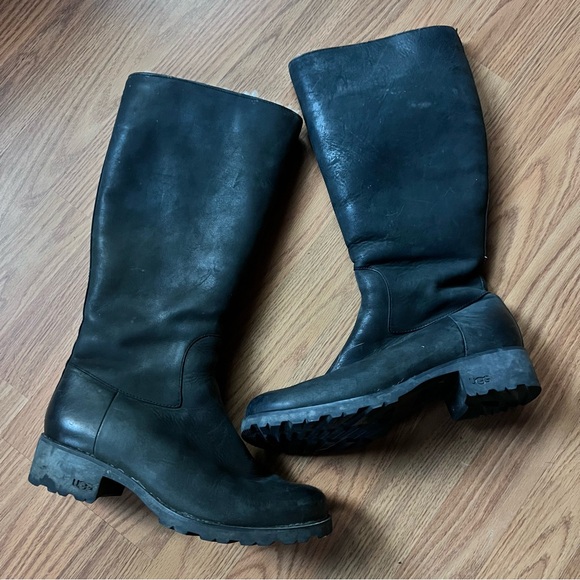 UGG Tall Broome II Leather Zip Up Shearling Lined Boots Black Size 9 US 40 EU - Picture 1 of 8